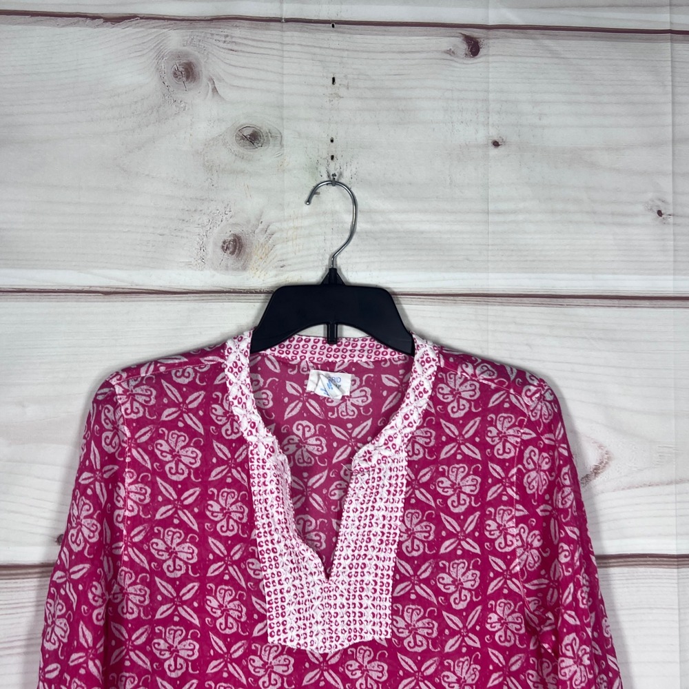Sigrid Olsen Tunic Top Women Small Pink Floral Cotton Embroidered V-Neck Blouse - Picture 6 of 9